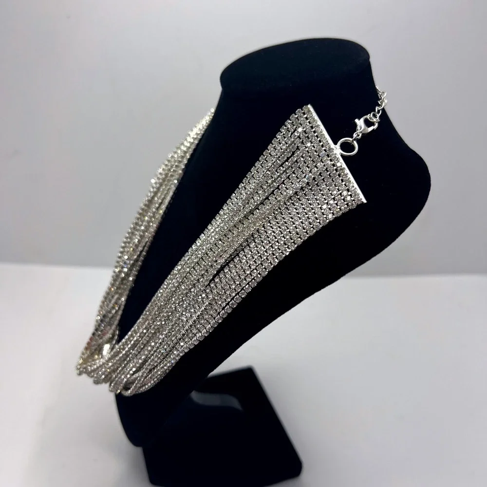 Silver Tone Multi Strand Rhinestone Bib Necklace Statement Crystal Waterfall 17" - Picture 2 of 4